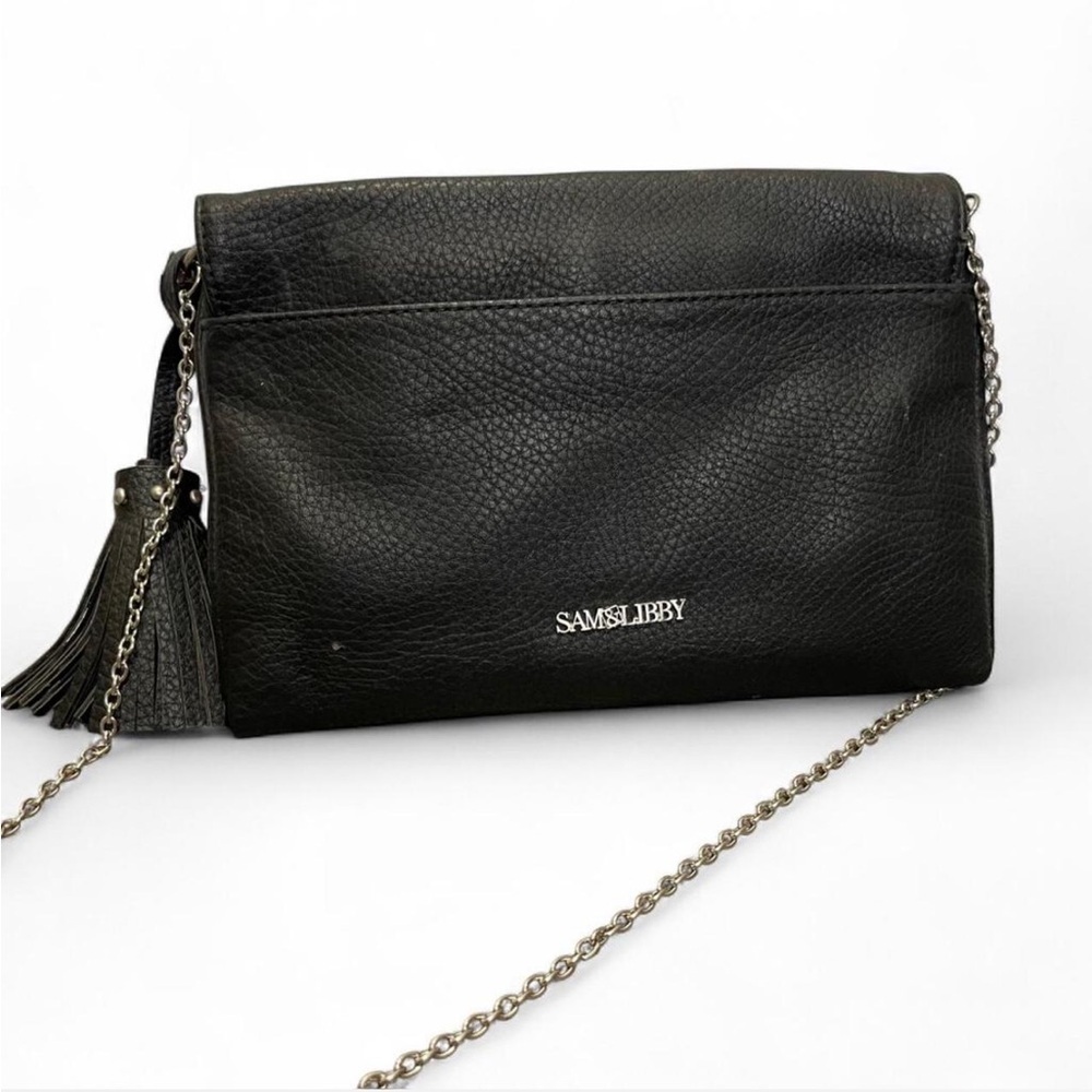 Sam & Libby Women's Black Pebble Leather Chain Tassel Crossbody Bag Studs